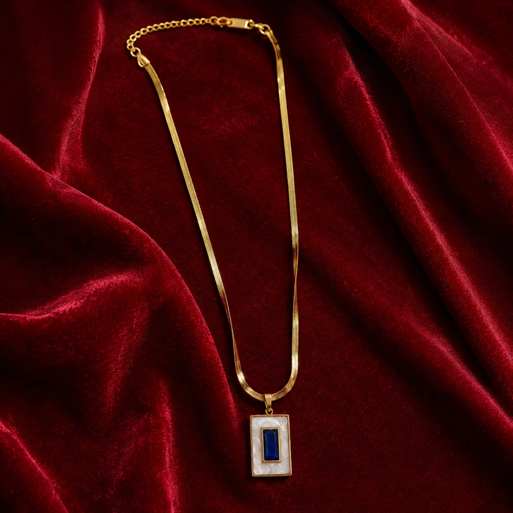 Elegant Blue Stone Rectangular Pendant Necklace