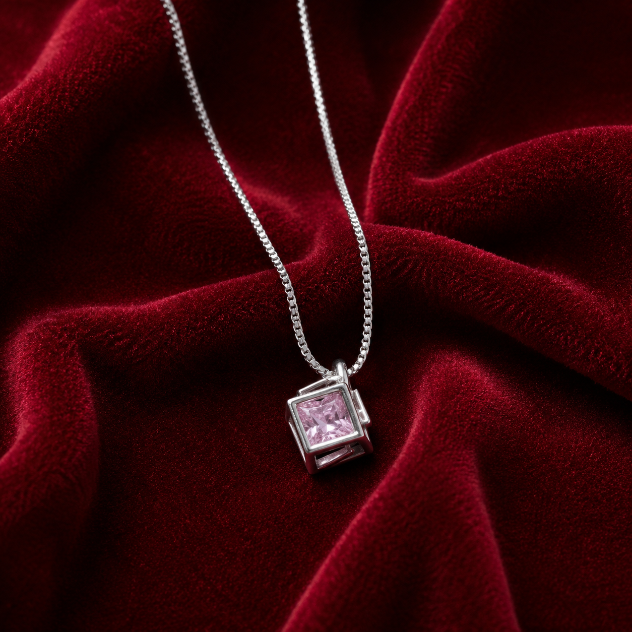 Blush Pink Square Crystal Pendant Necklace