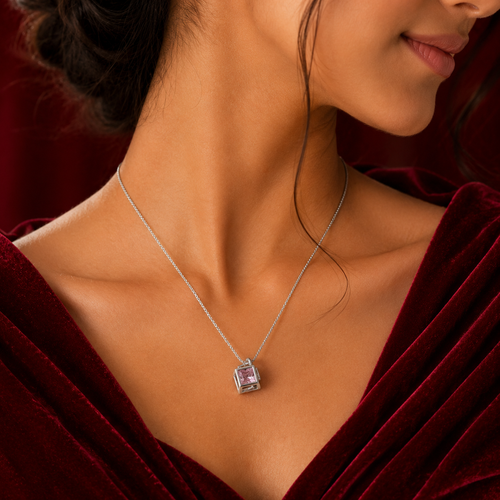 Blush Pink Square Crystal Pendant Necklace