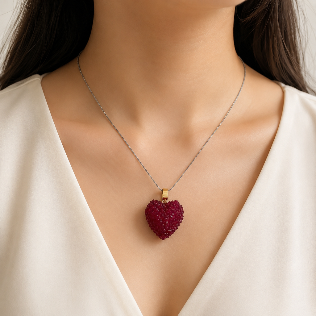 Ruby Heart Crystal Pendant Necklace